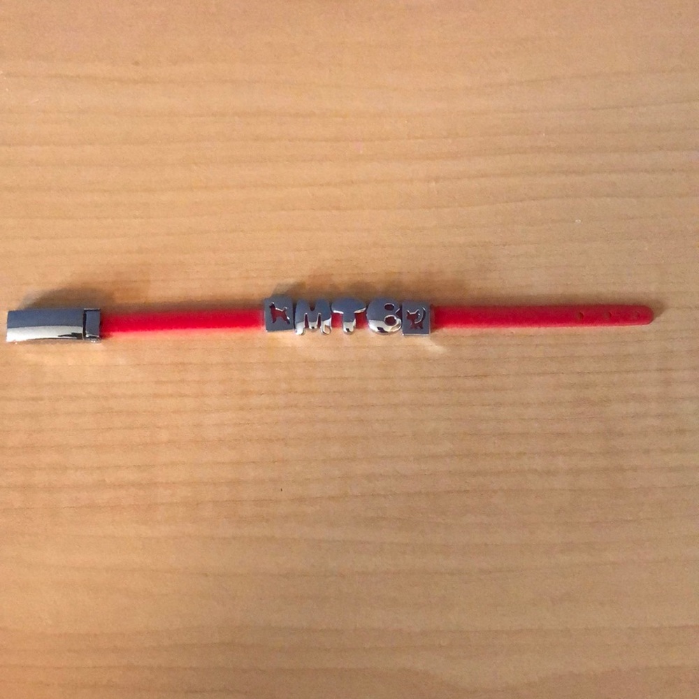 Red Bracelet w/ Removable Charms Beads, Dog, Cat, and MTB Initials, red & silver